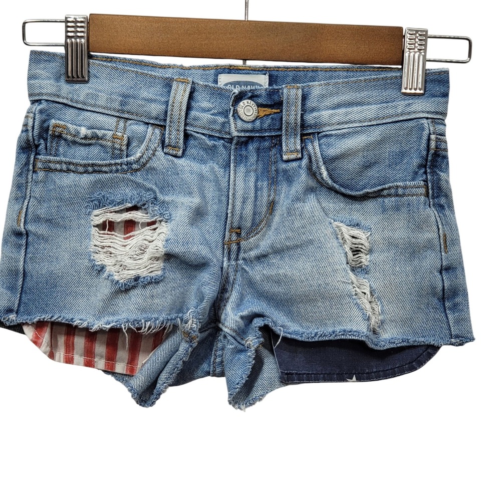 Old Navy Kids Girls Size 8 Distressed Americana Flag Pocket Denim‎ Shorts Blue